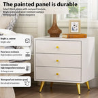 White Nightstand with 3 Drawers - MDF Board, Gold Metal Legs, 19.6"L x 15.7"W x 21.6"H, Easy Assembly