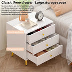 White Nightstand with 3 Drawers - MDF Board, Gold Metal Legs, 19.6"L x 15.7"W x 21.6"H, Easy Assembly