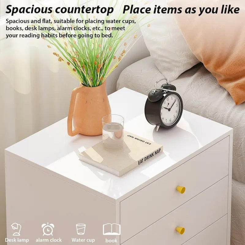 White Nightstand with 3 Drawers - MDF Board, Gold Metal Legs, 19.6"L x 15.7"W x 21.6"H, Easy Assembly