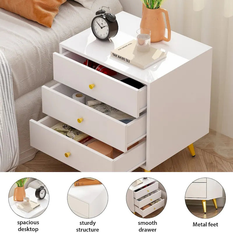 White Nightstand with 3 Drawers - MDF Board, Gold Metal Legs, 19.6"L x 15.7"W x 21.6"H, Easy Assembly