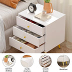 White Nightstand with 3 Drawers - MDF Board, Gold Metal Legs, 19.6"L x 15.7"W x 21.6"H, Easy Assembly