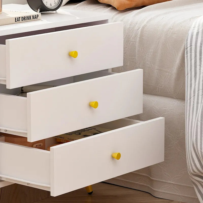 White Nightstand with 3 Drawers - MDF Board, Gold Metal Legs, 19.6"L x 15.7"W x 21.6"H, Easy Assembly