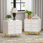 White Nightstand with 3 Drawers - MDF Board, Gold Metal Legs, 19.6"L x 15.7"W x 21.6"H, Easy Assembly