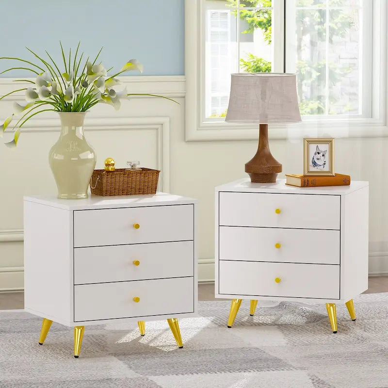 White Nightstand with 3 Drawers - MDF Board, Gold Metal Legs, 19.6"L x 15.7"W x 21.6"H, Easy Assembly