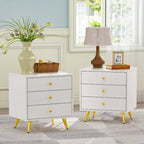 White Nightstand with 3 Drawers - MDF Board, Gold Metal Legs, 19.6"L x 15.7"W x 21.6"H, Easy Assembly