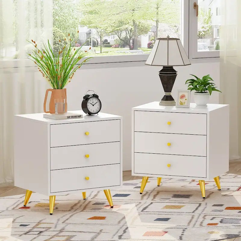 White Nightstand with 3 Drawers - MDF Board, Gold Metal Legs, 19.6"L x 15.7"W x 21.6"H, Easy Assembly