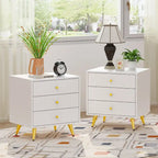 White Nightstand with 3 Drawers - MDF Board, Gold Metal Legs, 19.6"L x 15.7"W x 21.6"H, Easy Assembly