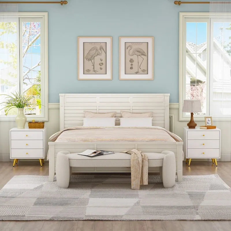 White Nightstand with 3 Drawers - MDF Board, Gold Metal Legs, 19.6"L x 15.7"W x 21.6"H, Easy Assembly