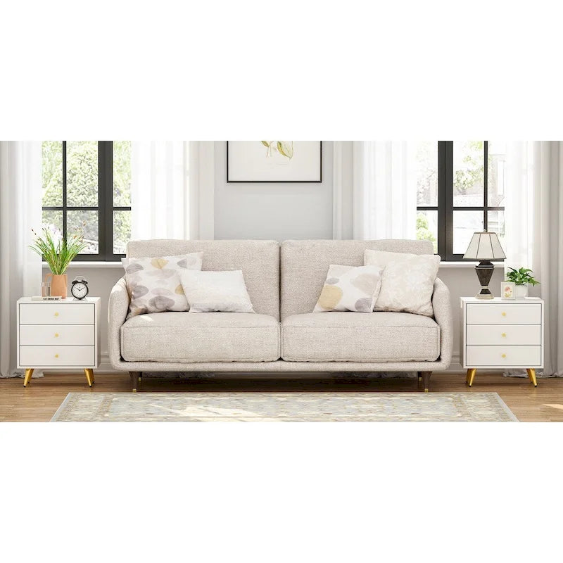 White Nightstand with 3 Drawers - MDF Board, Gold Metal Legs, 19.6"L x 15.7"W x 21.6"H, Easy Assembly