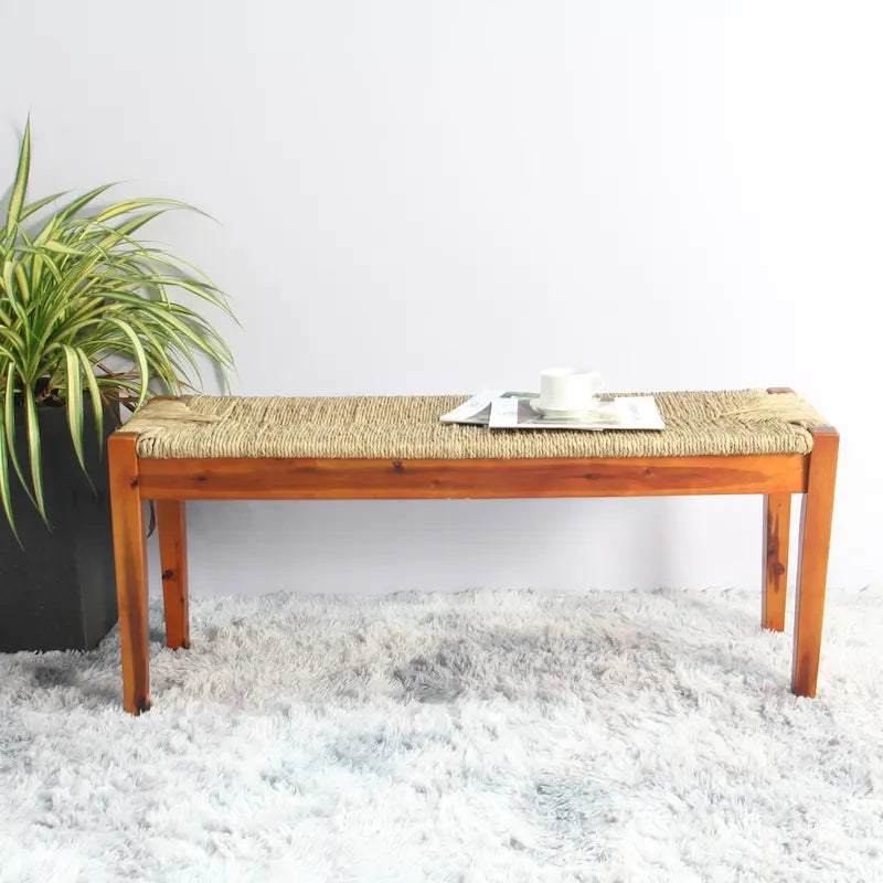 Natural Seagrass Woven Bench - Solid Wood Frame, Coastal Farmhouse Style, Indoor Entryway/Bedroom