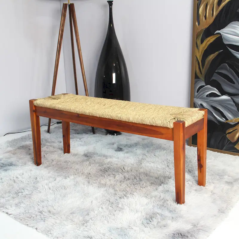 Natural Seagrass Woven Bench - Solid Wood Frame, Coastal Farmhouse Style, Indoor Entryway/Bedroom