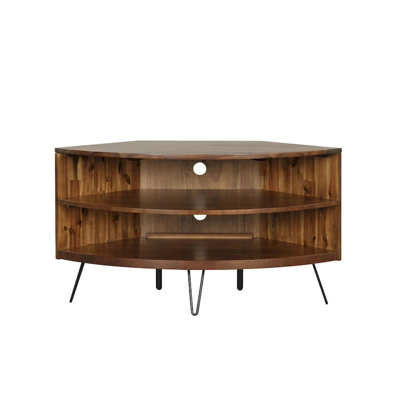 43" Solid Acacia Wood Corner Media Stand for up to 41" TVs - Metal Hairpin Legs - 2 Open Shelves with Cable Management