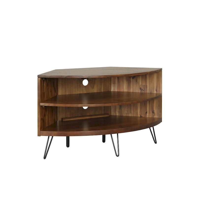 43" Solid Acacia Wood Corner Media Stand for up to 41" TVs - Metal Hairpin Legs - 2 Open Shelves with Cable Management