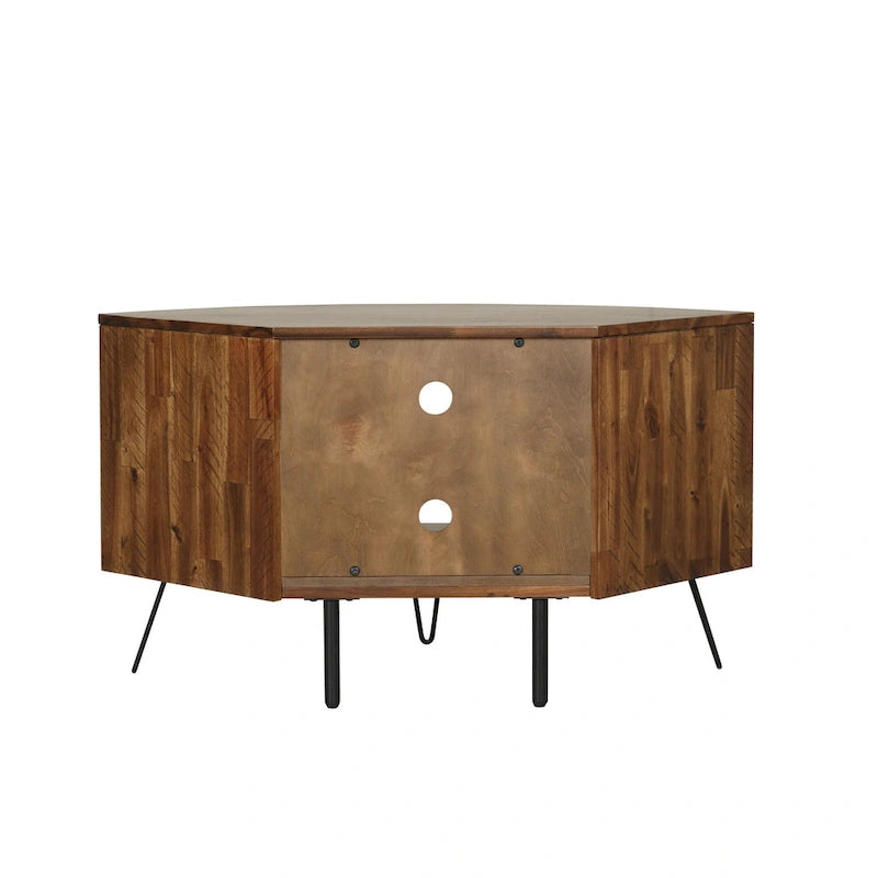 43" Solid Acacia Wood Corner Media Stand for up to 41" TVs - Metal Hairpin Legs - 2 Open Shelves with Cable Management