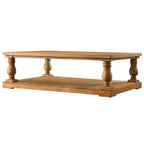 60" Rustic Coffee Table with Baluster Legs - Reclaimed Wood, MDF, Pine Veneer, Distressed Finish, Storage Shelf