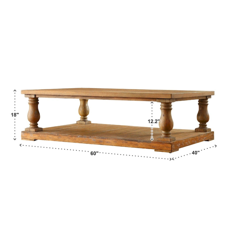 60" Rustic Coffee Table with Baluster Legs - Reclaimed Wood, MDF, Pine Veneer, Distressed Finish, Storage Shelf