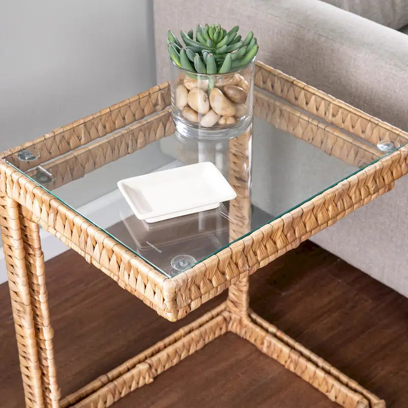 Nesting C Tables Set of 2 - Water Hyacinth, Glass Top, 20lbs & 10lbs Capacity, Coastal Style, Natural Finish