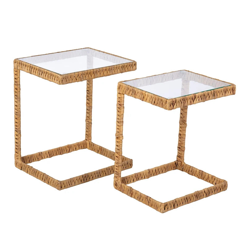 Nesting C Tables Set of 2 - Water Hyacinth, Glass Top, 20lbs & 10lbs Capacity, Coastal Style, Natural Finish