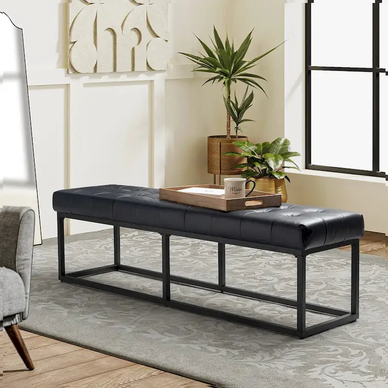 60" Genuine Leather Tufted Bench with Metal Base - Foam Padded, 440lbs Capacity, Classic Style, Bedroom/Entryway
