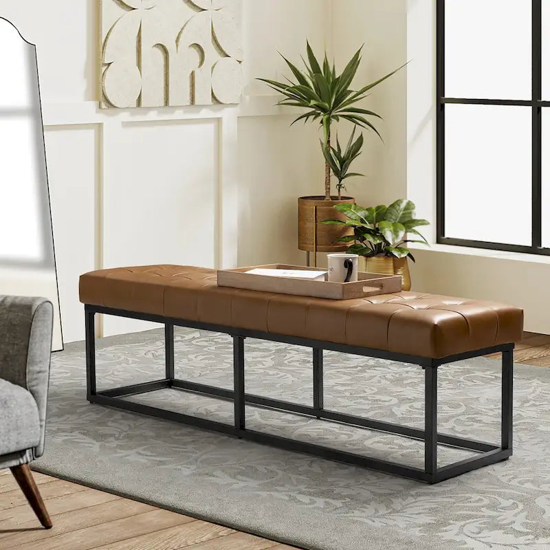 60" Genuine Leather Tufted Bench with Metal Base - Foam Padded, 440lbs Capacity, Classic Style, Bedroom/Entryway