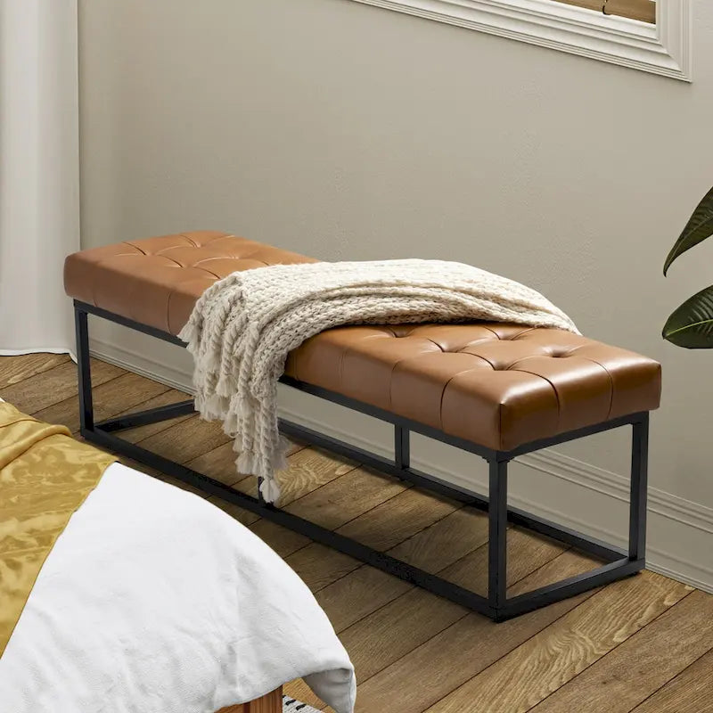 60" Genuine Leather Tufted Bench with Metal Base - Foam Padded, 440lbs Capacity, Classic Style, Bedroom/Entryway
