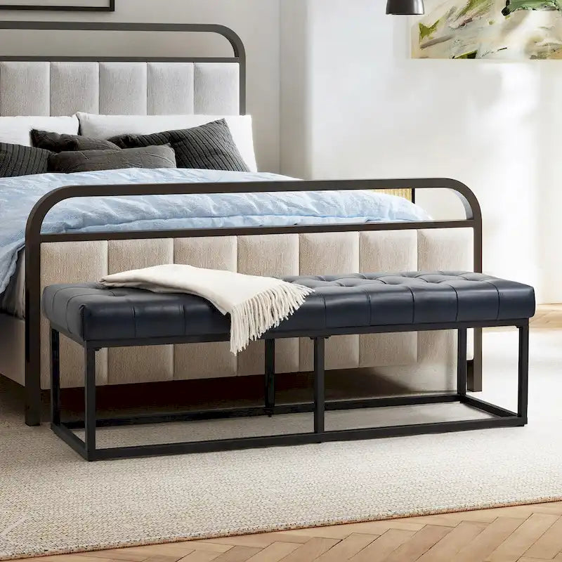 60" Genuine Leather Tufted Bench with Metal Base - Foam Padded, 440lbs Capacity, Classic Style, Bedroom/Entryway