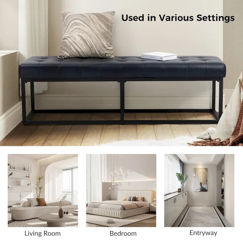 60" Genuine Leather Tufted Bench with Metal Base - Foam Padded, 440lbs Capacity, Classic Style, Bedroom/Entryway