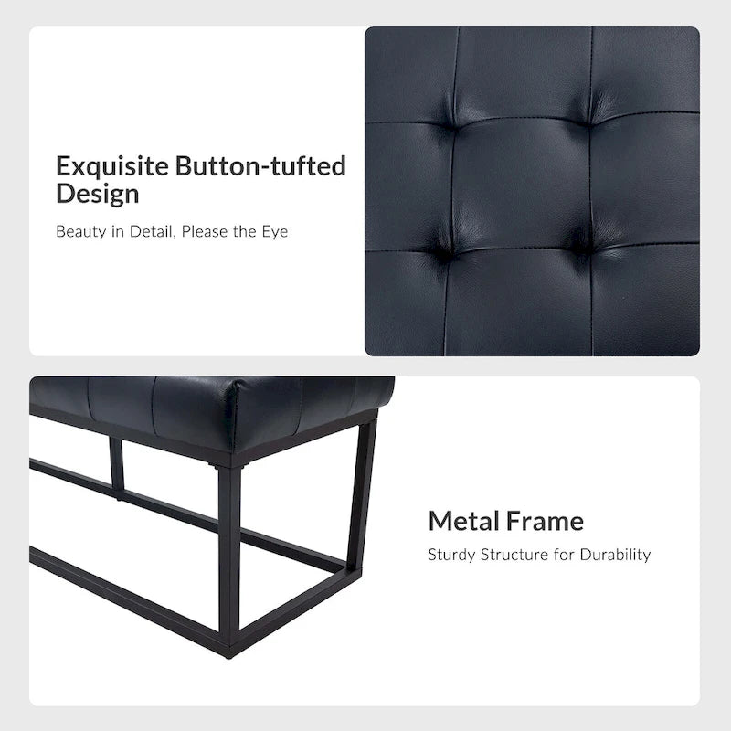 60" Genuine Leather Tufted Bench with Metal Base - Foam Padded, 440lbs Capacity, Classic Style, Bedroom/Entryway