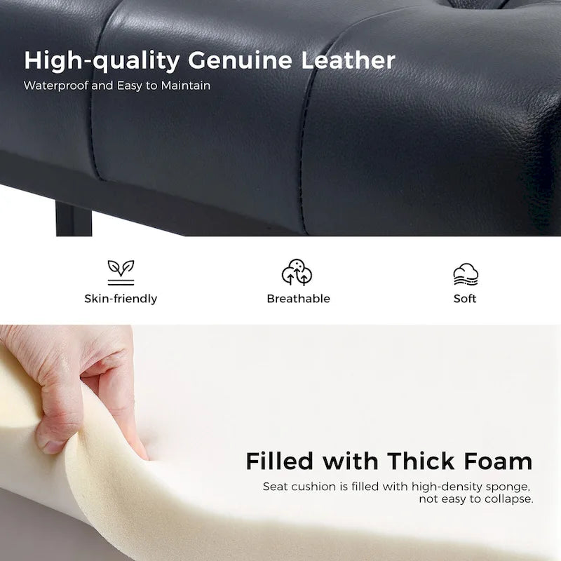 60" Genuine Leather Tufted Bench with Metal Base - Foam Padded, 440lbs Capacity, Classic Style, Bedroom/Entryway