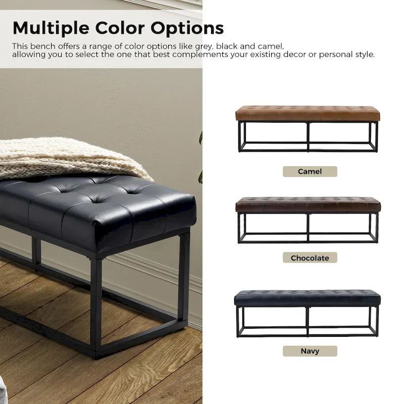 60" Genuine Leather Tufted Bench with Metal Base - Foam Padded, 440lbs Capacity, Classic Style, Bedroom/Entryway