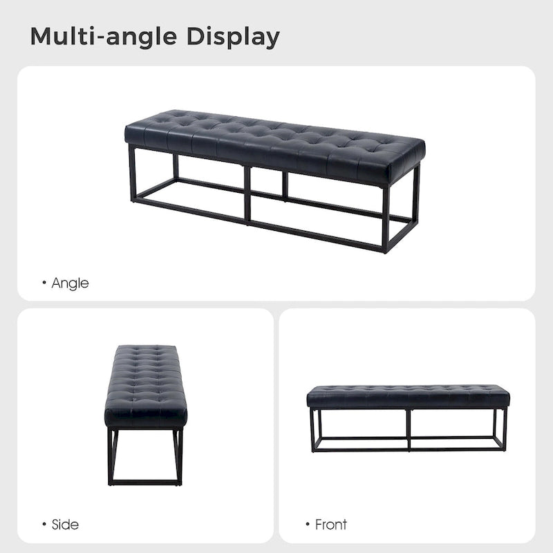 60" Genuine Leather Tufted Bench with Metal Base - Foam Padded, 440lbs Capacity, Classic Style, Bedroom/Entryway