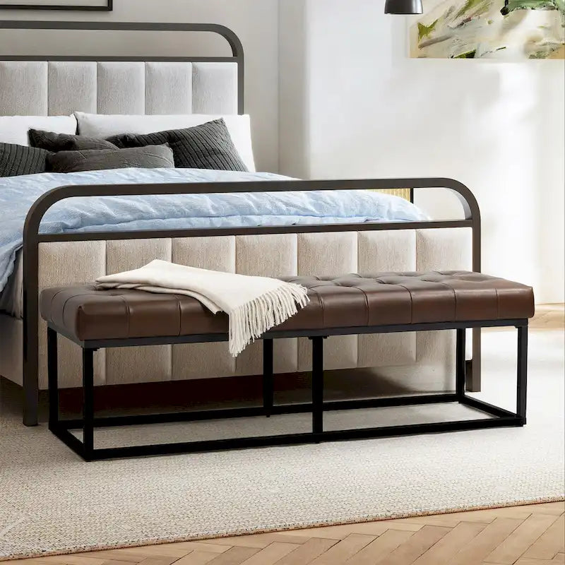 60" Genuine Leather Tufted Bench with Metal Base - Foam Padded, 440lbs Capacity, Classic Style, Bedroom/Entryway