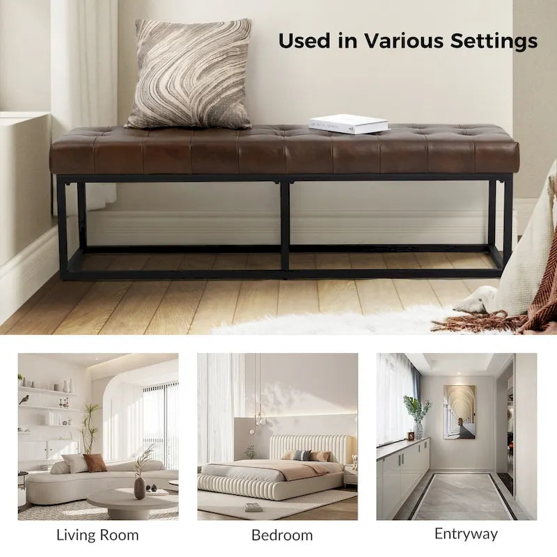 60" Genuine Leather Tufted Bench with Metal Base - Foam Padded, 440lbs Capacity, Classic Style, Bedroom/Entryway