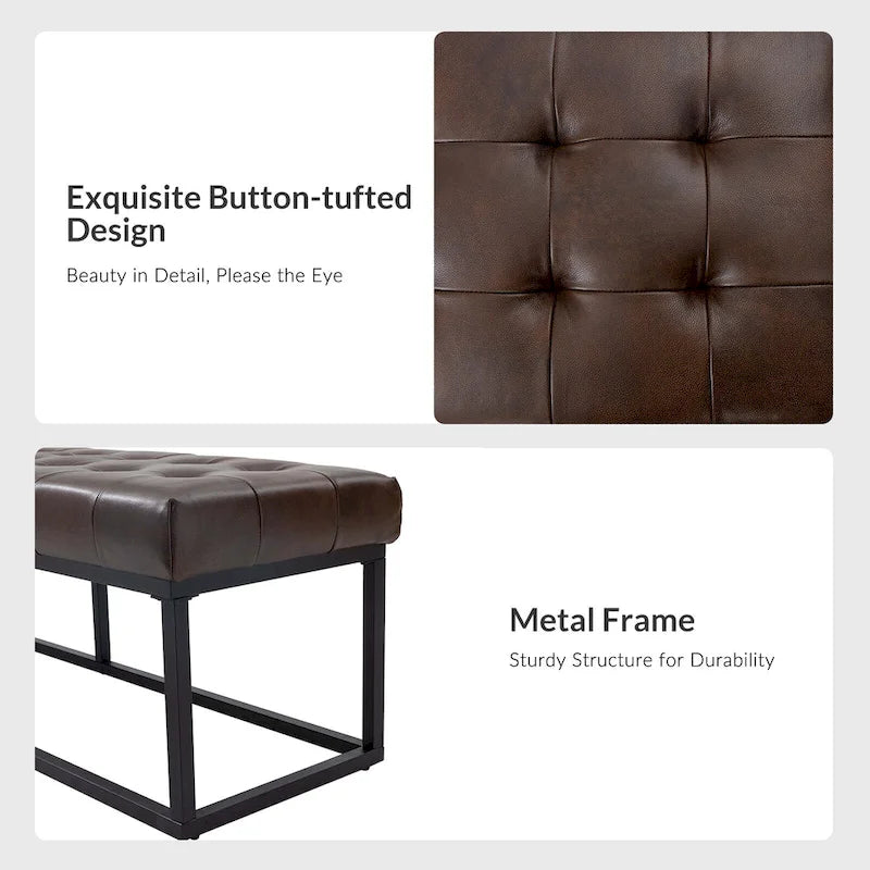 60" Genuine Leather Tufted Bench with Metal Base - Foam Padded, 440lbs Capacity, Classic Style, Bedroom/Entryway