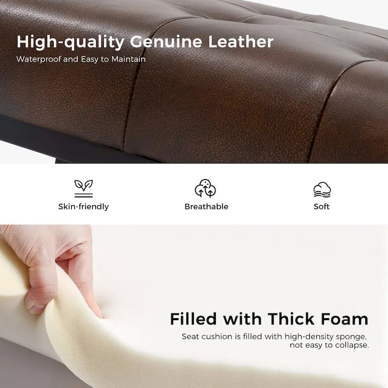 60" Genuine Leather Tufted Bench with Metal Base - Foam Padded, 440lbs Capacity, Classic Style, Bedroom/Entryway