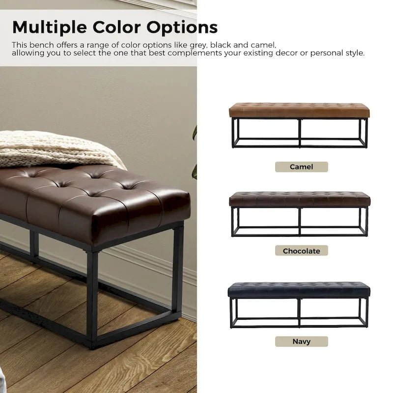 60" Genuine Leather Tufted Bench with Metal Base - Foam Padded, 440lbs Capacity, Classic Style, Bedroom/Entryway