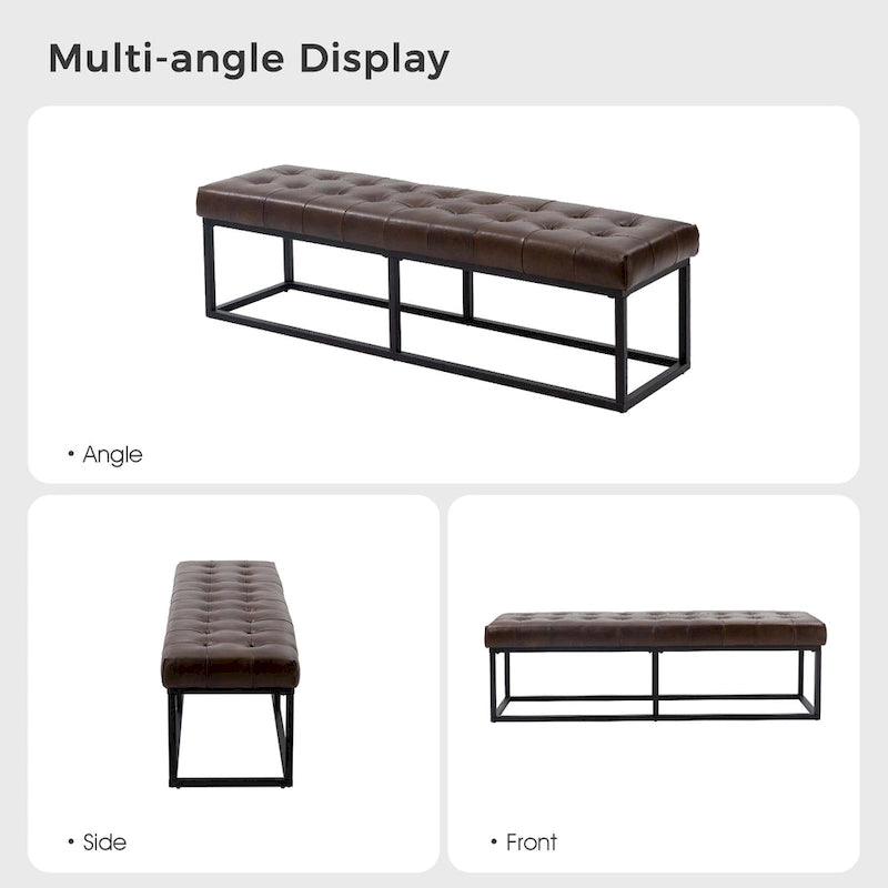 60" Genuine Leather Tufted Bench with Metal Base - Foam Padded, 440lbs Capacity, Classic Style, Bedroom/Entryway