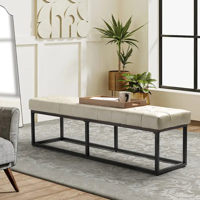 60" Genuine Leather Tufted Bench with Metal Base - Foam Padded, 440lbs Capacity, Classic Style, Bedroom/Entryway