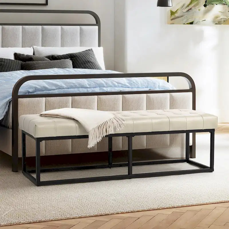 60" Genuine Leather Tufted Bench with Metal Base - Foam Padded, 440lbs Capacity, Classic Style, Bedroom/Entryway