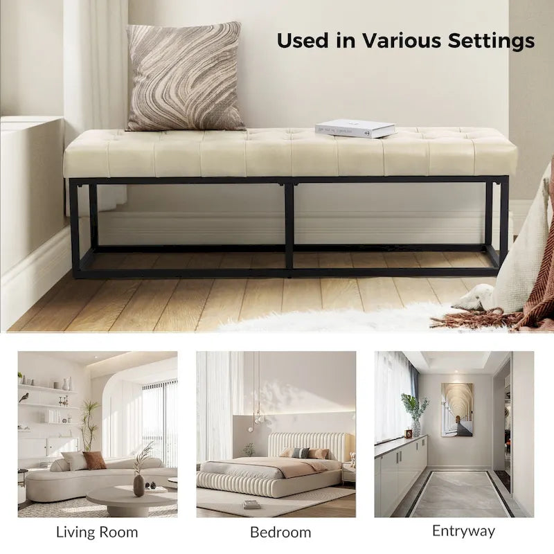 60" Genuine Leather Tufted Bench with Metal Base - Foam Padded, 440lbs Capacity, Classic Style, Bedroom/Entryway