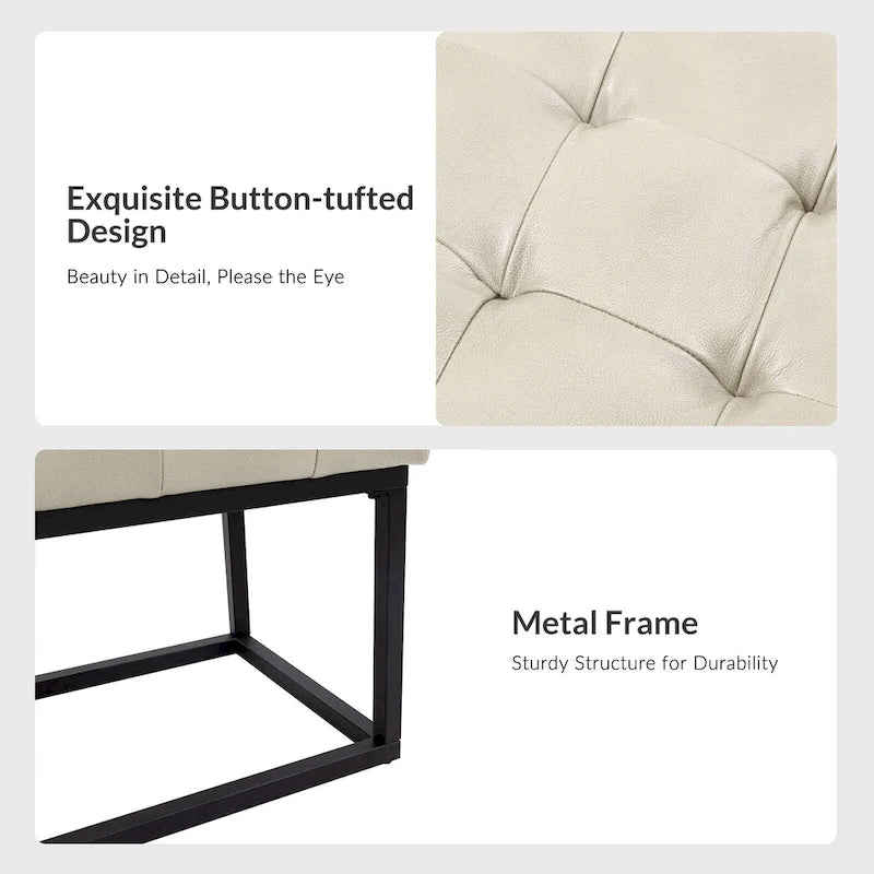 60" Genuine Leather Tufted Bench with Metal Base - Foam Padded, 440lbs Capacity, Classic Style, Bedroom/Entryway