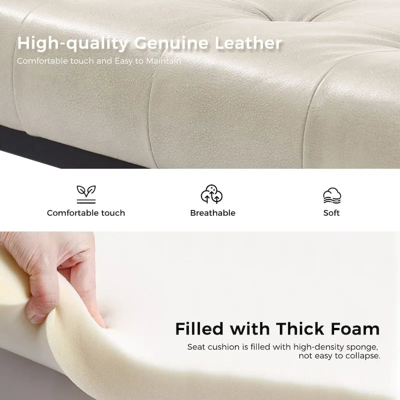 60" Genuine Leather Tufted Bench with Metal Base - Foam Padded, 440lbs Capacity, Classic Style, Bedroom/Entryway