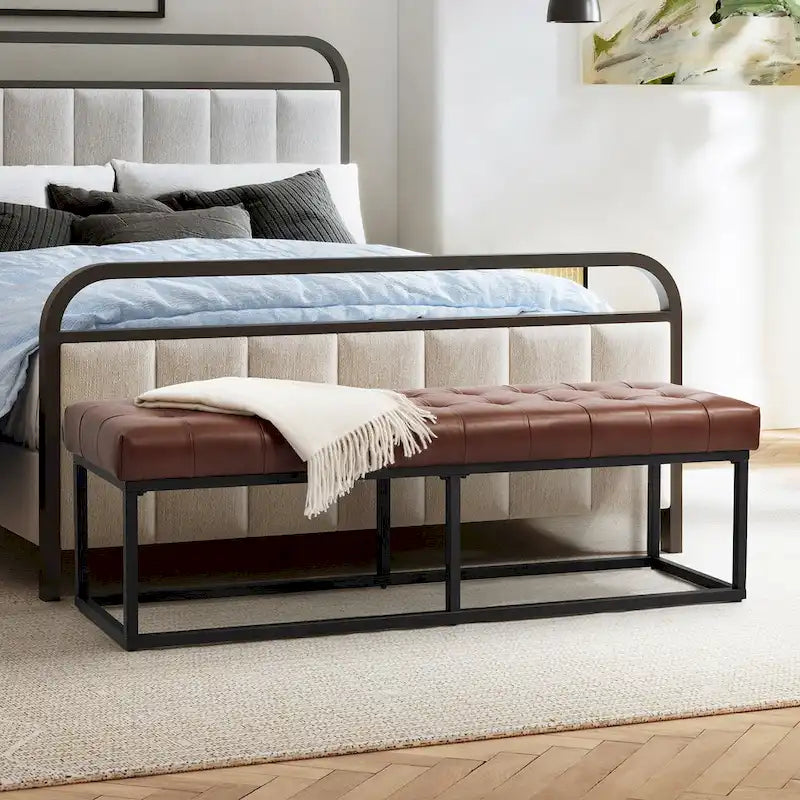 60" Genuine Leather Tufted Bench with Metal Base - Foam Padded, 440lbs Capacity, Classic Style, Bedroom/Entryway