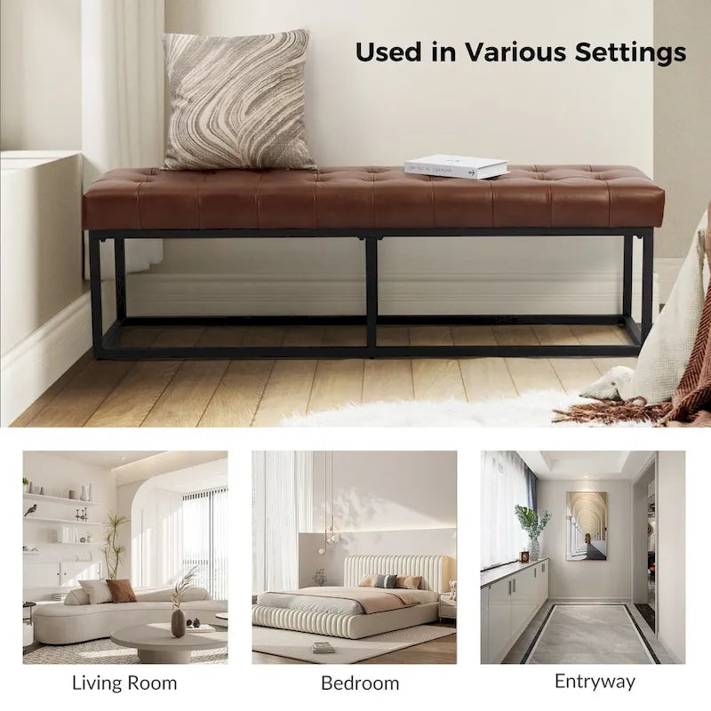 60" Genuine Leather Tufted Bench with Metal Base - Foam Padded, 440lbs Capacity, Classic Style, Bedroom/Entryway