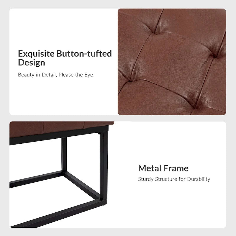 60" Genuine Leather Tufted Bench with Metal Base - Foam Padded, 440lbs Capacity, Classic Style, Bedroom/Entryway
