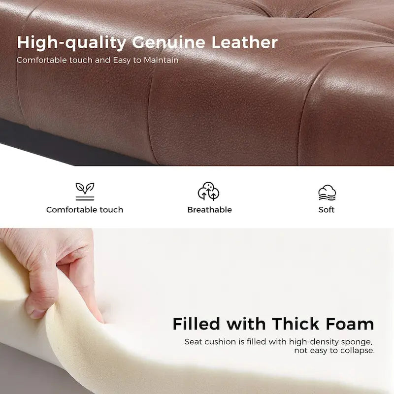 60" Genuine Leather Tufted Bench with Metal Base - Foam Padded, 440lbs Capacity, Classic Style, Bedroom/Entryway