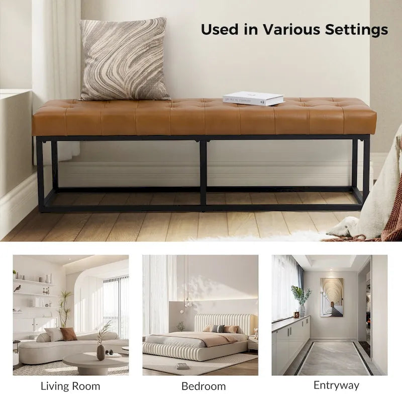 60" Genuine Leather Tufted Bench with Metal Base - Foam Padded, 440lbs Capacity, Classic Style, Bedroom/Entryway