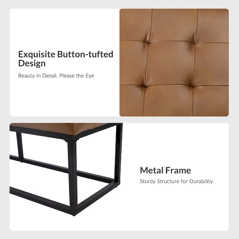 60" Genuine Leather Tufted Bench with Metal Base - Foam Padded, 440lbs Capacity, Classic Style, Bedroom/Entryway