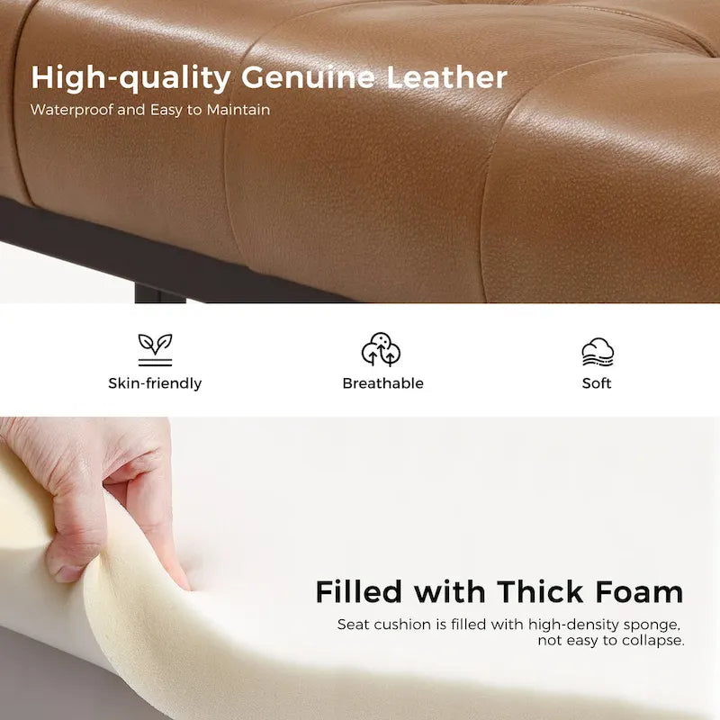 60" Genuine Leather Tufted Bench with Metal Base - Foam Padded, 440lbs Capacity, Classic Style, Bedroom/Entryway
