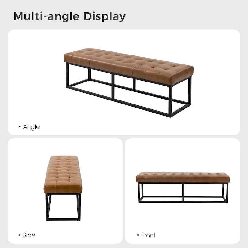 60" Genuine Leather Tufted Bench with Metal Base - Foam Padded, 440lbs Capacity, Classic Style, Bedroom/Entryway